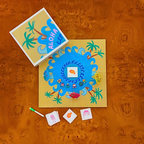 A colorful board game set titled 'ALOHA' with a yellow game board, blue scalloped center, palm trees, small illustrated cards, and a matching box, arranged on a textured orange-brown wood surface.