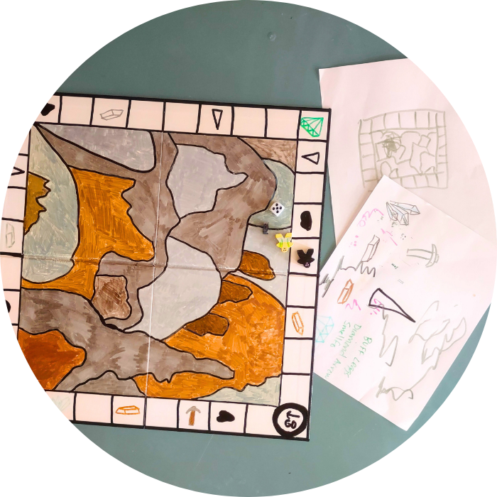 Children's game map with colored areas and symbols on a white background.