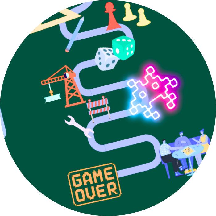 A circular graphic illustration on a dark green background featuring stylized game-themed icons: a winding light purple path, neon pink puzzle pieces, white and green dice, a red chess piece, construction tools, and small illustrated people at a gaming table. The words “GAME OVER” appear in a pixel-style yellow box near the bottom.