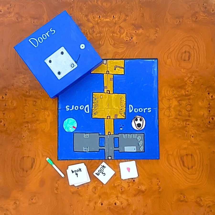 Inspired by the digital game 'Doors' a board game arranged on a textured orange-brown wooden surface. The set includes a blue game box with a white door illustration, a blue play mat showing a yellow and gray house layout, several small white cards, and a green-and-white marker.