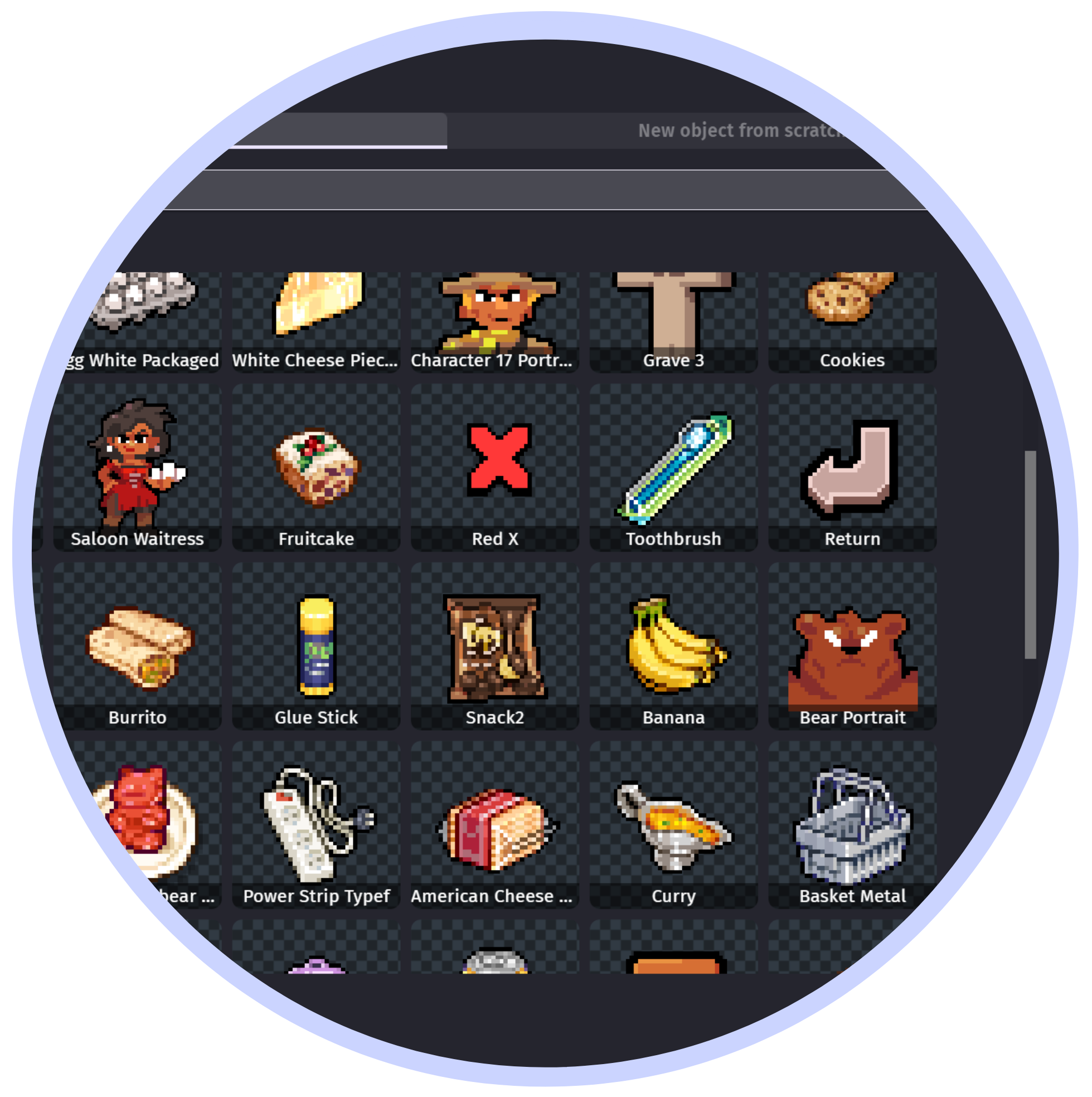 A circular screenshot of a GDevelop pixel-art inventory or menu interface with many small labeled icons such as Saloon Waistcoat, Fritcake, Red X, Toothbrush, Return, Burrito, Glue Stick, Snack2, Banana, Bear Portrait, Curry, and Basket Metal on a dark checkered background.