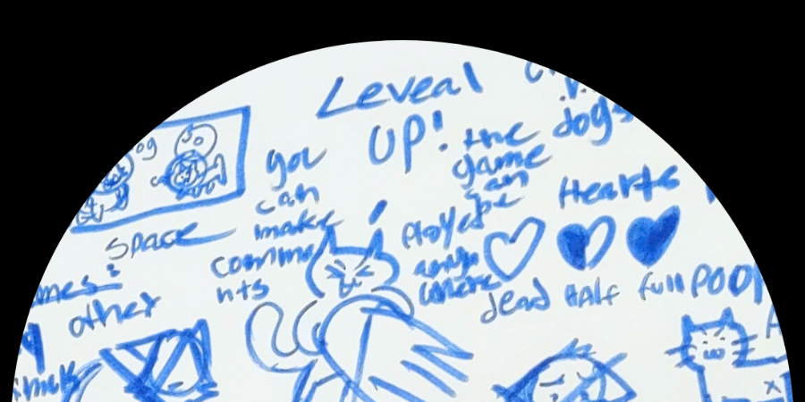 Game concept sketch with blue text and graphics on a white background