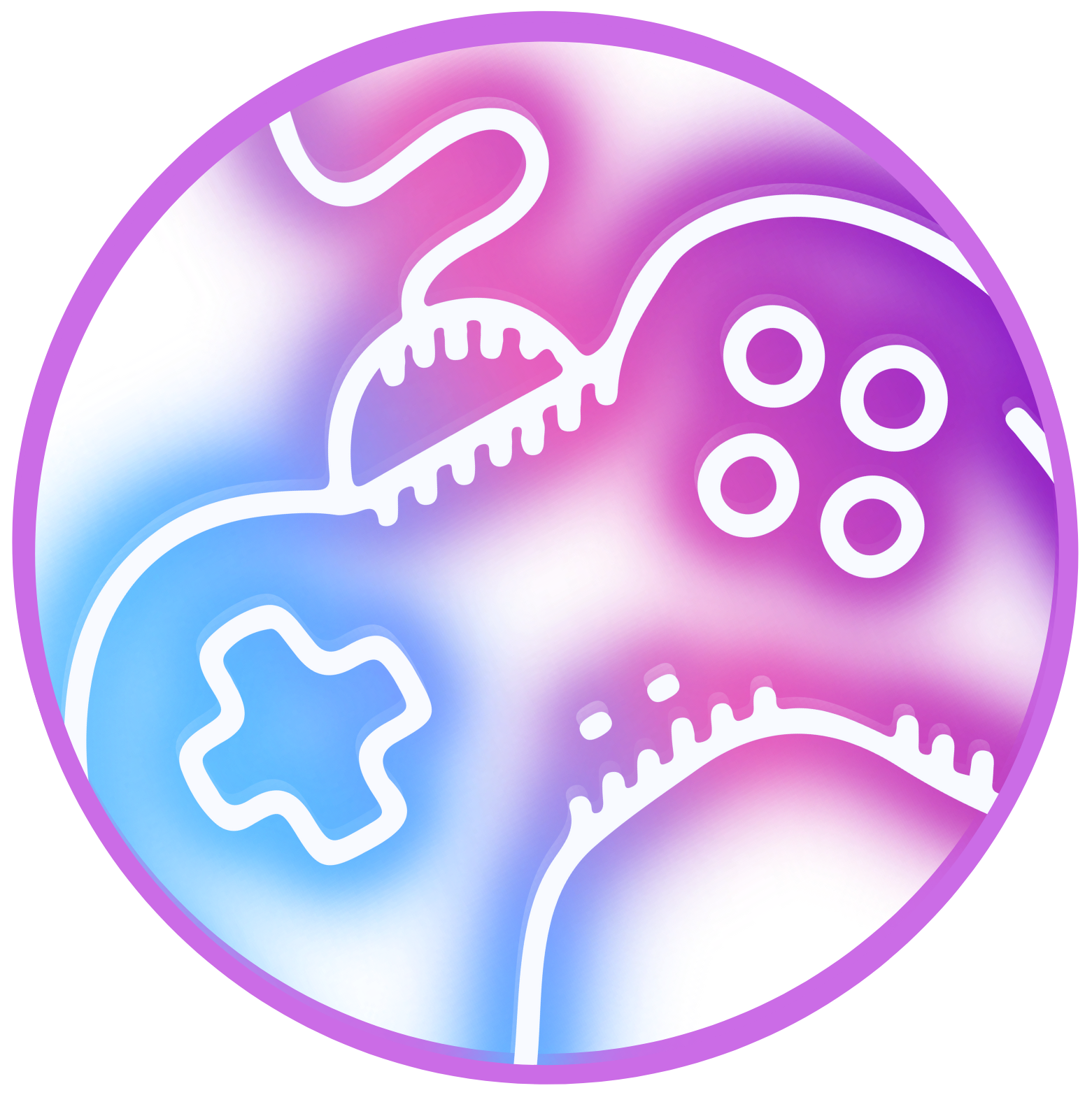 A circular graphic featuring white line art of two game controllers, one with a D-pad and one with a directional pad, set against a pink, purple, and blue gradient background.