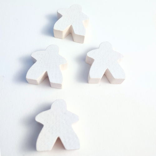 White wooden game meeples on a light gray background