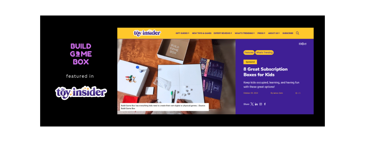 Toy Insider website with a focus on a subscription box for kids, featuring text and images of toys and packaging.