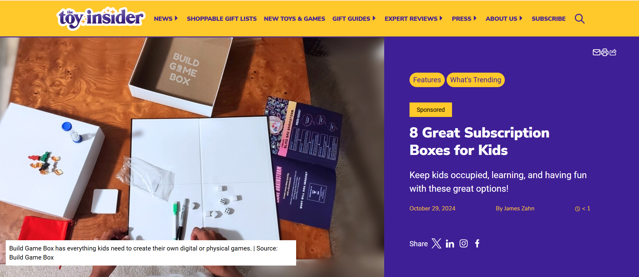 toy Insider featuring a Build Game Box subscription 